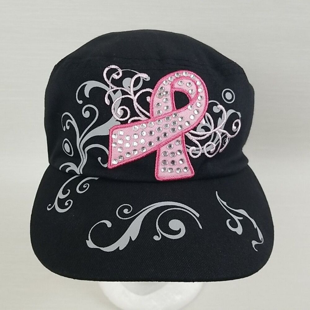 Breast Cancer Awareness Hat Adjustable Strapback 100% Cotton Rhinestone Ribbon